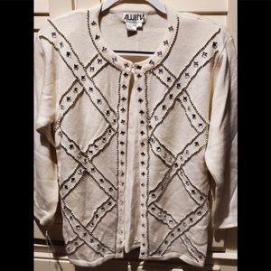 Awina Vtg.Hand Stitched Cardigan Bejeweled Silver/Off White Rockabilly  Small